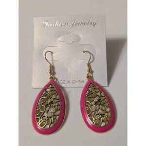 Hot Pink And Gold Dangle Earrings Cute Cut-Out